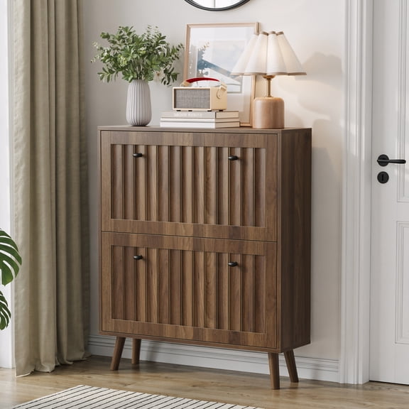 ZHICHUN Mid-Century Modern Shoe Cabinet 31.5 Inch Walnut Vertical Grooved Freestanding Storage for Entryway Hallway