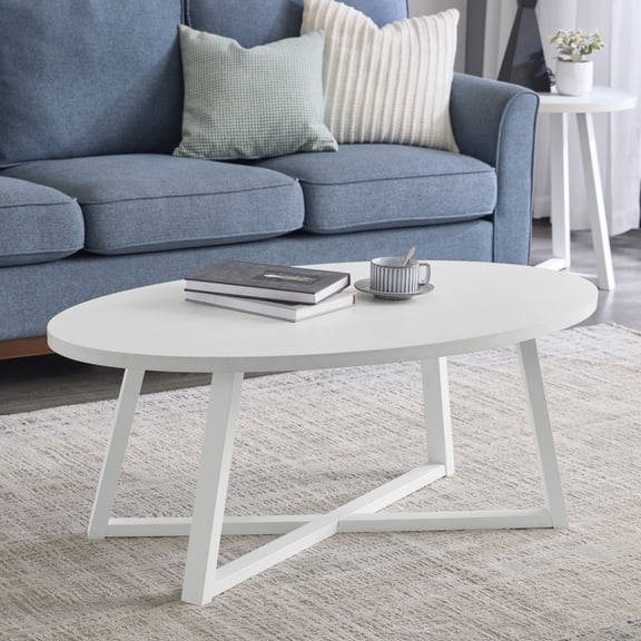 ZHICHUN Modern Harmony Oval Coffee Table White Finish MDF Rubber Wood Sled Legs