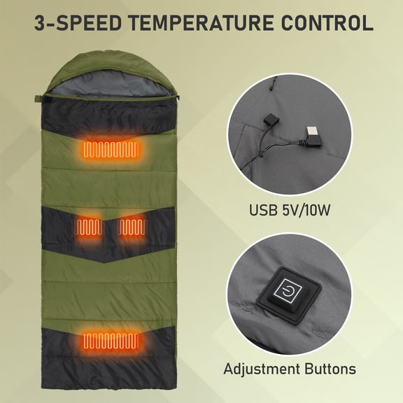 ZHICHUN Rectangular Heated Sleeping Bag, USB Powered Lightweight Envelope Sleeping Bag, Waterproof Compact Sleeping Bag for Backpacking Hiking, Green