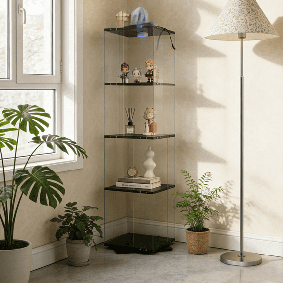 ZHICHUN Rotatable Four Layer Tempered Glass Display Cabinet Black Liquor Storage File Cabinet With Remote Control LED Light Adjustable Feet For Living Room Kitchen Corridor