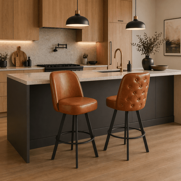 ZHICHUN Set of 2 Commercial Grade Swivel Bar Stools, Counter Height ButtonTufted Back Chairs with Metal Frame & PU Leather Memory Foam Cushion for Home Bar, Kitchen Island, Restaurant & Caf, Brown