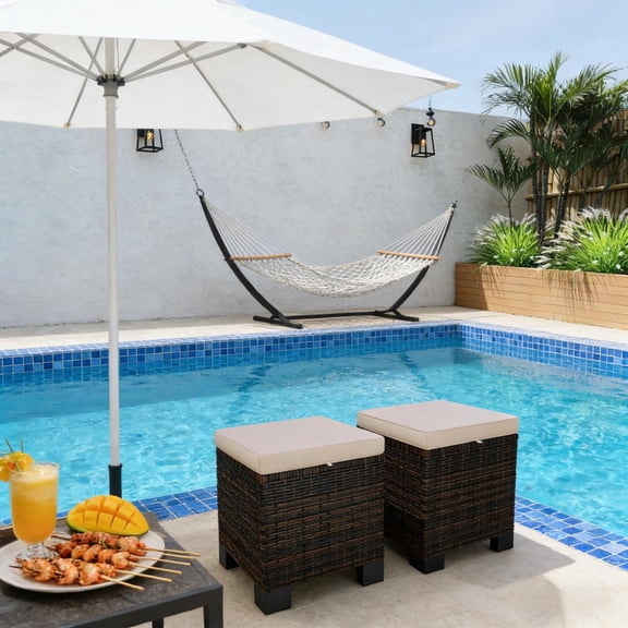 ZHICHUN Set of 2 Outdoor Patio Ottoman Cubes Wicker Multifunctional Footrest Seat with Removable Cushions for Garden Poolside and Backyard