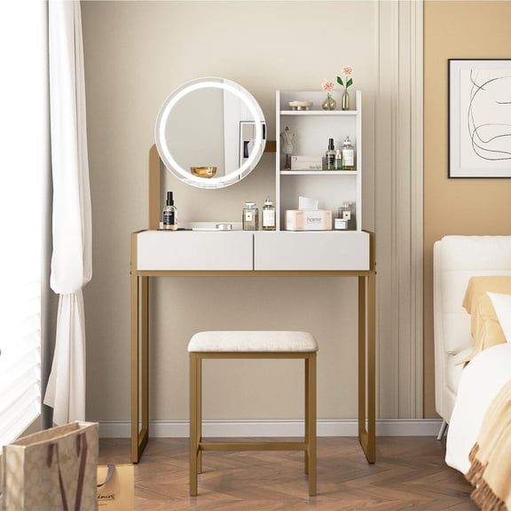 ZHICHUN Small Makeup Vanity Desk with LED Lighted Mirror, 3 Lighting Modes, Builtin Power Outlet, Drawer & Open Shelves, Cushioned Stool, White & Gold Bedroom Dressing Table