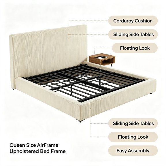 ZHICHUN Upholstered Platform Bed Frame with Adjustable Sliding Side Tables Cloud Corduroy Sponge Cushion Cream White