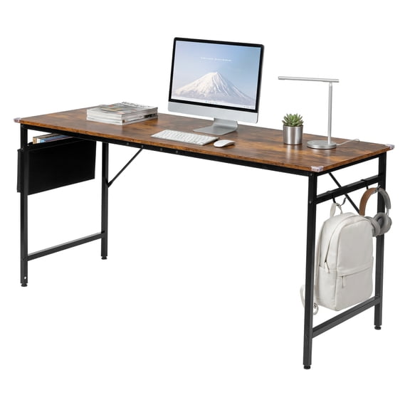 ZHICHUN Weathered Wood CutOut Computer Desk, 160cm Spacious Home Office Writing Table, P2 Particleboard & Iron Tube Frame Desk with NonWoven Fabric Storage Shelf for Gaming Study Room
