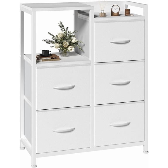 ZHICHUN White 5 Drawer Fabric Dresser with 2-Tier Open Shelf Modern Storage Chest with Wooden Top & Sturdy Metal Frame
