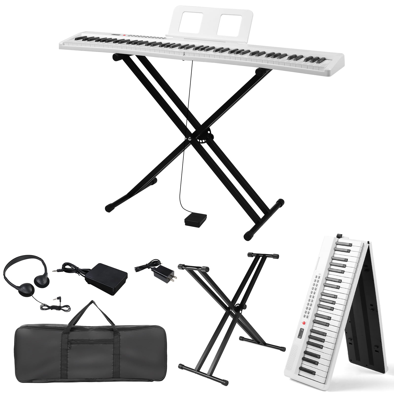 ZHICHUN White 88 Key Folding Digital Piano Semi-Weighted Keyboard with Dual-Tube X-Stand MIDI Bluetooth Handbag & Headphone
