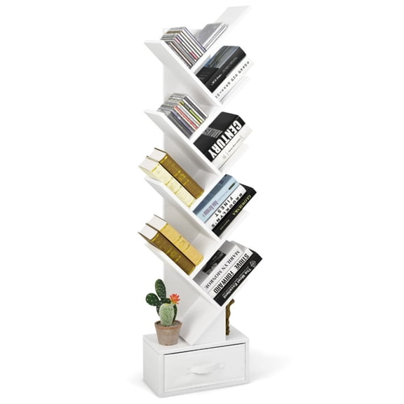 ZHICHUN White TreeShaped Bookshelf, 10 Open Shelves with Foldable Fabric Drawer, SpaceSaving Corner Storage Bookcase for Bedroom Living Room Study