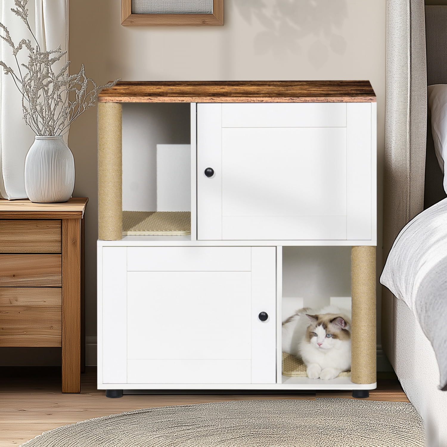 ZHICHUN  White and Vintage Double Cat Litter Box Enclosure Cat Litter Cabinet with Shelf Fit Most Litter Boxes for 2 Cats