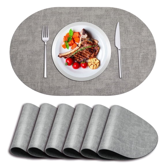 ZHIJYBO Faux Leather Oval Placemats Set of 6-Waterproof Heat-Resistant Non-Slip Dining Table Mats, Washable Kitchen Table Accessories, Grey