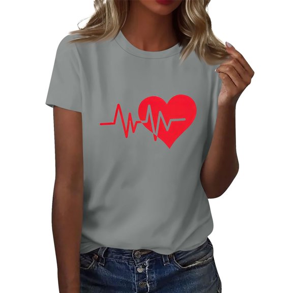 ZHISHIMINGJUN Chic Tee for Women Red Heart Wave Jumping Pattern Round Neck Short Sleeve Fashionable Graphic Printed Gray Versatile Summer Top