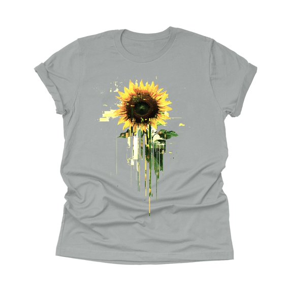 ZHISHIMINGJUN Sexy Women's Gray Tee Oil Painting Style Brilliant Blue Sunflowers Ombre Round Neck Short Sleeve Slim Modern Design Top
