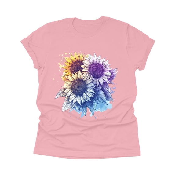 ZHISHIMINGJUN Tee for Womens Chic Modern Three Gradient Coloured Flowers Clustered Together Ombre Round Neck Short Sleeve Delicate Pattern Printed Pink Soft Breathable Fabric