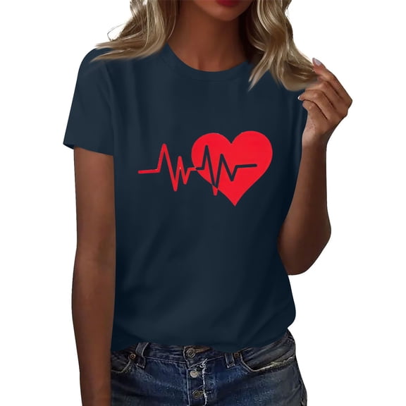 ZHISHIMINGJUN Women's Shirt Elegant Red Heart Wave Jumping Pattern Round Neck Short Sleeve Artistic Graphic Printed Navy Perfect for Party and Night Out