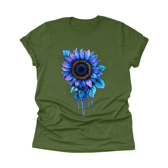 ZHISHIMINGJUN Women's Trendy Tee Oil Painting Style Brilliant Blue Sunflowers Ombre Round Neck Short Sleeve Soft Drape Green Top for Casual Chic Style