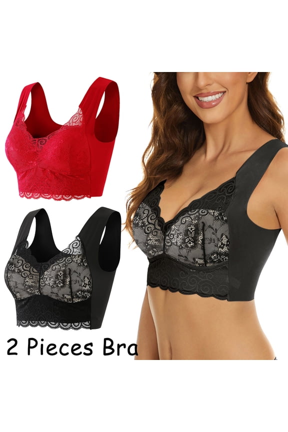 2-Piece Lace Bras for Women, Plus-Size Wire-Free Bra, Padded Cups With Side Framing, Comfort Casual Lingerie for Small Busts Multicolor M