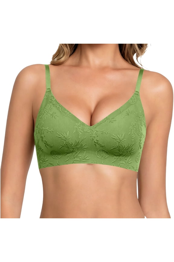 Bras For Women, Embossed Jacquard Wire-Free Bra, Gel Padded Adjustable Strap Front Snap Push-Up For Daily Summer Wear Green XL