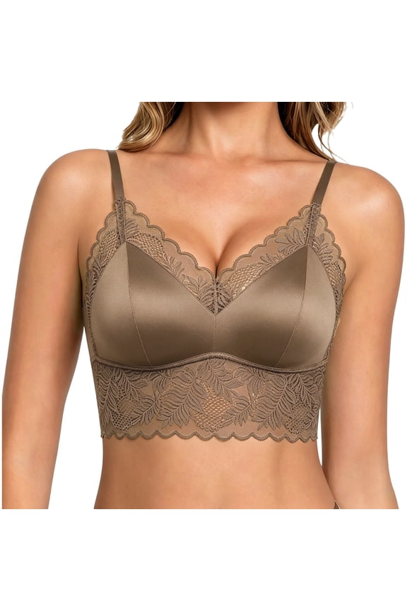 Bras For Women, French Lace Satin Wire-Free Bra, V-Neck Fixed Cup & Adjustable Straps For Daily Lingerie Wear Brown L