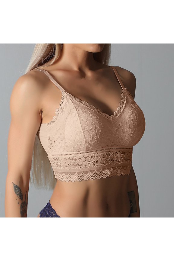 Lace Halter Bras for Women, Wireless Solid Color Bralette With V-Neck And Beauty Back Design, Plus Size Crop Vest Tops, Soft Comfortable Underwear For Daily Casual Wear Khaki One Size