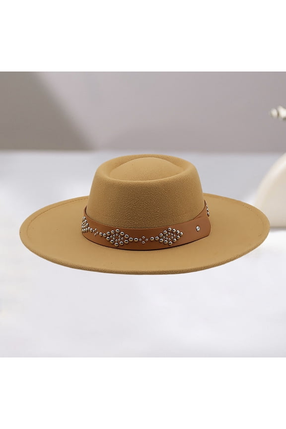 Unisex Wool Tweed Cowboy Hat, 9.5cm Wide Brim Oval Crown Fedora With Riveted Leather Strap, Solid Color Warm Hat For Fall Winter Outdoor Festival Daily Wear Brown One Size
