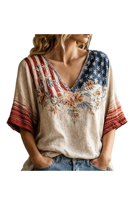 Women 4th Of July Floral Embroidered Blouse, Patriotic American Flag Print V-Neck Short Sleeve Casual Tops For Women S White