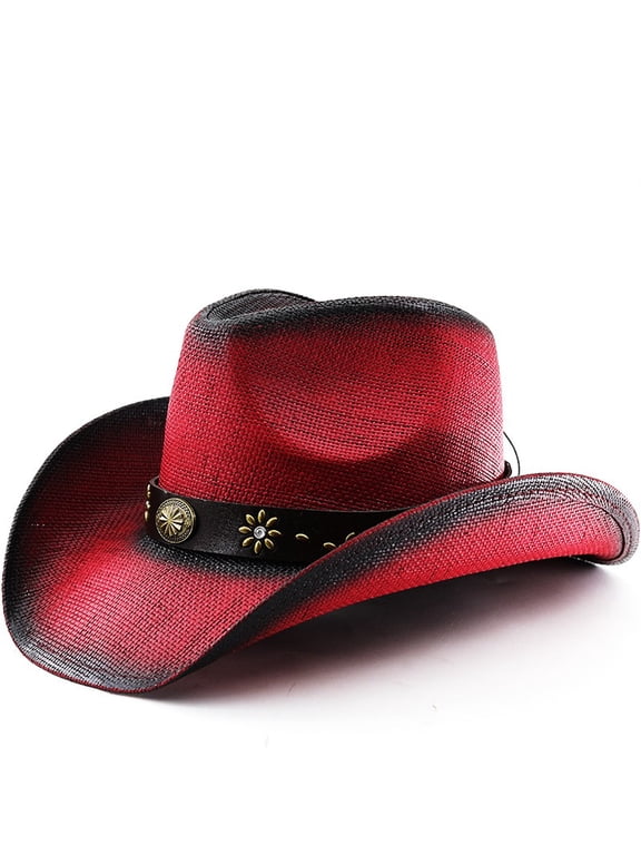 Women's Vintage Western Denim Straw Cowboy Hat, Wide Brim UV Protection Sun Hat, Unisex Spray-Painted Breathable Summer Hat For Beach Outdoor Travel #2 Red One Size