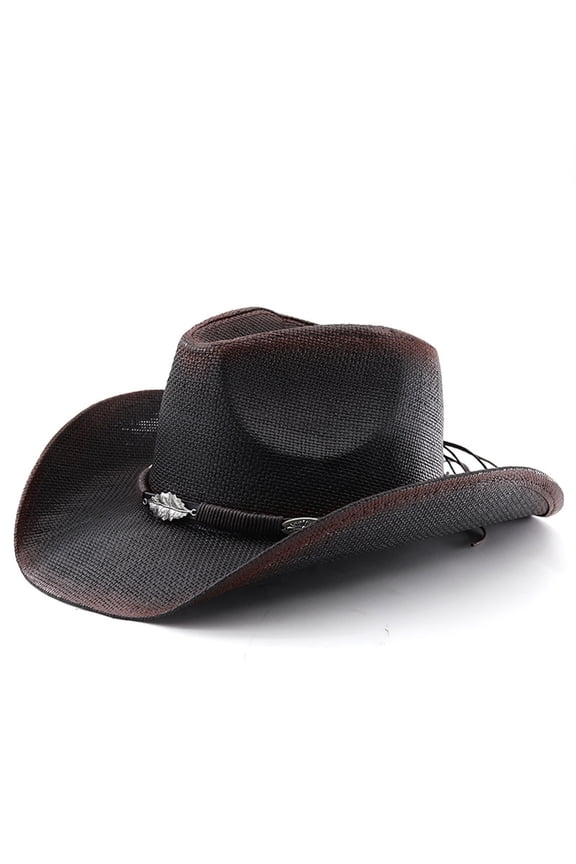 Women's Vintage Western Denim Straw Cowboy Hat, Wide Brim UV Protection Sun Hat, Unisex Spray-Painted Breathable Summer Hat For Beach Outdoor Travel #1 Black One Size