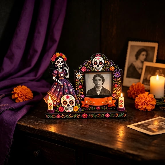 ZHIYA Day of the Dead Wooden Picture Frame, Mexican Sugar Skull Skeleton Photo Holder, Día De Los Muertos Tabletop Altar Memorial Home Decoration,A