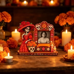 ZHIYA Day of the Dead Wooden Picture Frame, Mexican Sugar Skull Skeleton Photo Holder, Día De Los Muertos Tabletop Altar Memorial Home Decoration,C