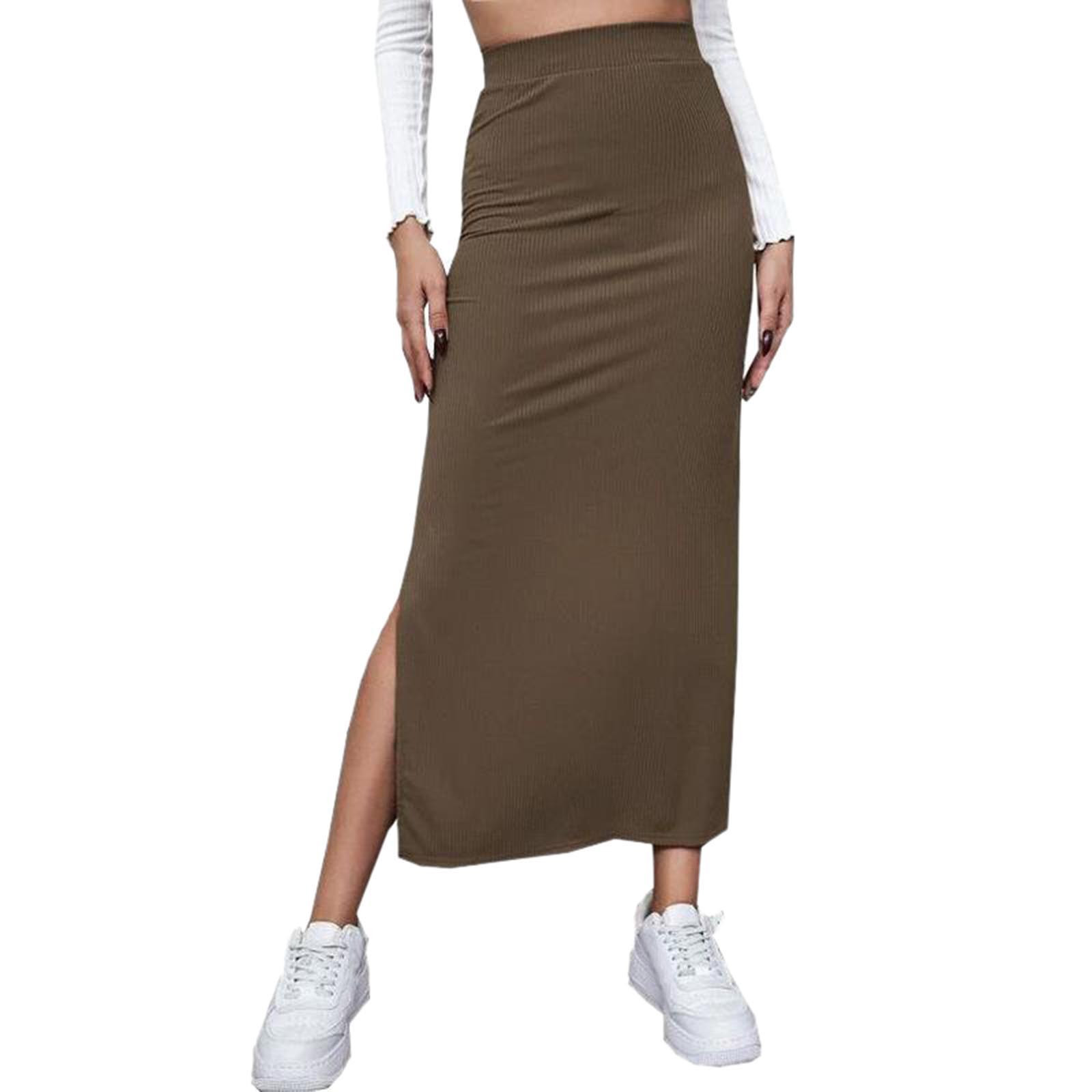 ZHIZAIHU High Waisted Skirts for Women High Split Straight Skirt Solid Color Casual Pencil Skirt Brown XL
