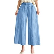ZHIZAIHU Long Capris Pants For Women Solid Color Straight Wide Leg Elastic High Waist Trousers Summer Pants With Pockets X-Blue L