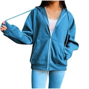 ZHIZAIHU Oversized Zip Up Hoodie for Women Baggy Loose Basic Zipper Hooded Sweatshirt Coat Y2K Jacket Blue XL