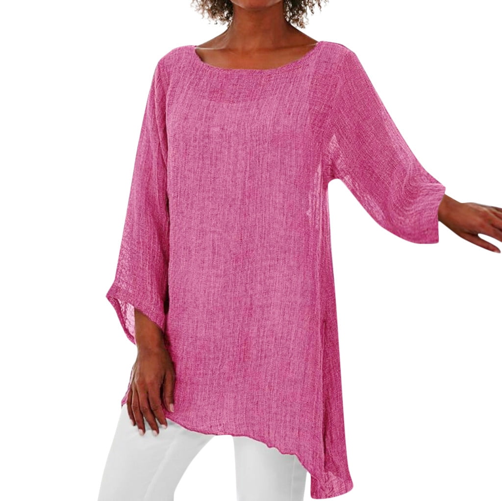 Loose Linen Blouse Pink with Buttons and Prints for Plus Size Women Mid Length Sleeves Breathable main image 0