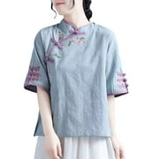 ZHIZAIHU Plus Size Summer Shirts for Women Spring/Summer Embroidered Tang Dress Half Sleeved Chinese Zen Tea Dress Chinese Cotton Pan Button Qipao Top Womens Blouse Blue L