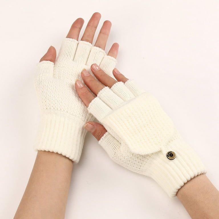 ZHIZAIHU Solid Color Knit Mitten Convertible Flip Gloves for Women Men  Winter Thermal Gloves Touch Screen Writing Gloves White One Size 