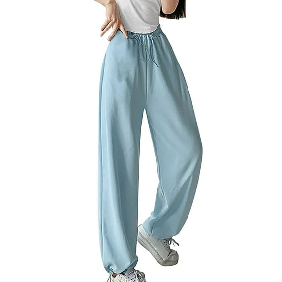 ZHIZAIHU Solid Color Long Sweatpants for Women Straight Leg Baggy Yoga Pants Elastic High Waist Trousers With Pockets Light Blue M