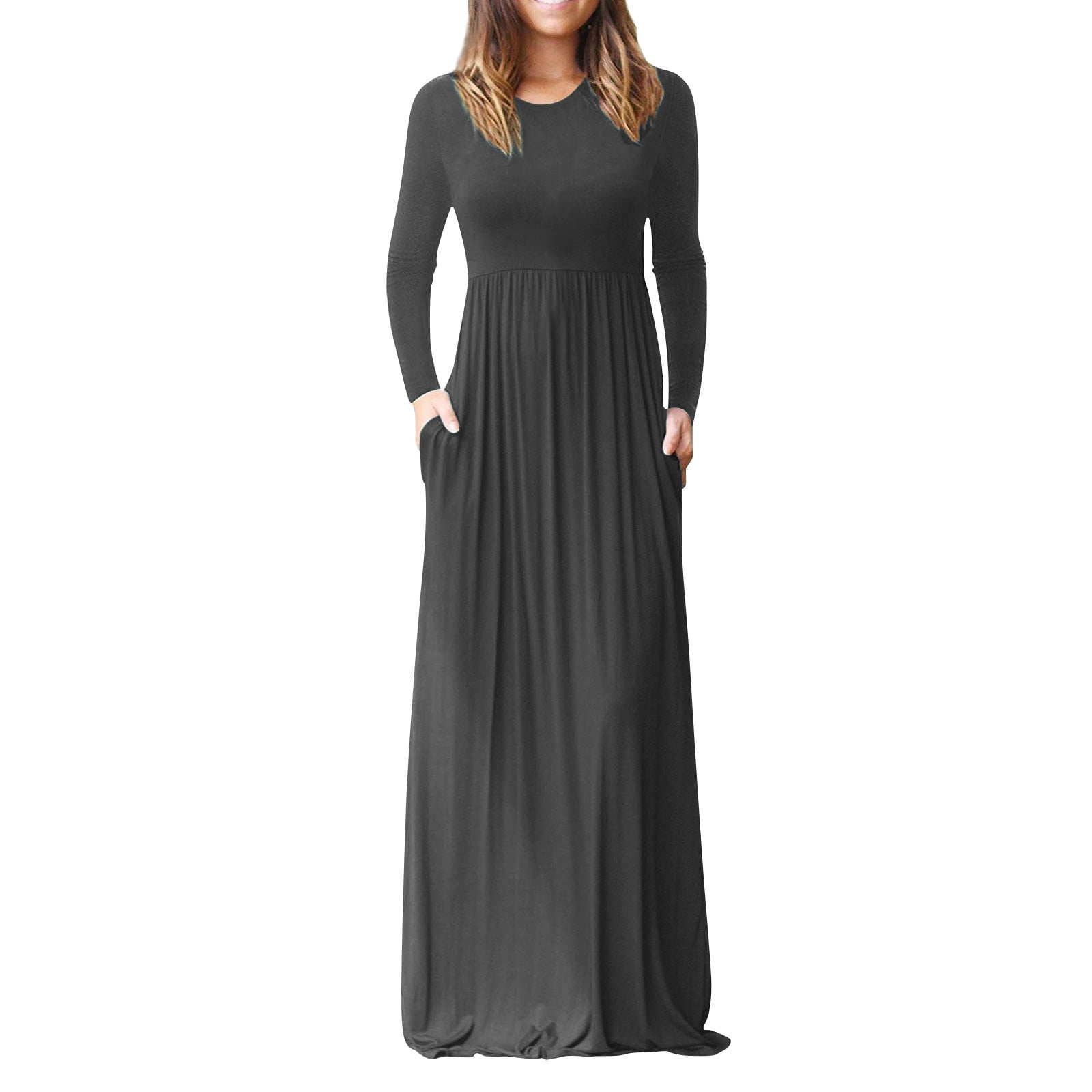 ZHIZAIHU Women Long Plus Size Dresses Solid Color A-Line Crew Neck Long ...