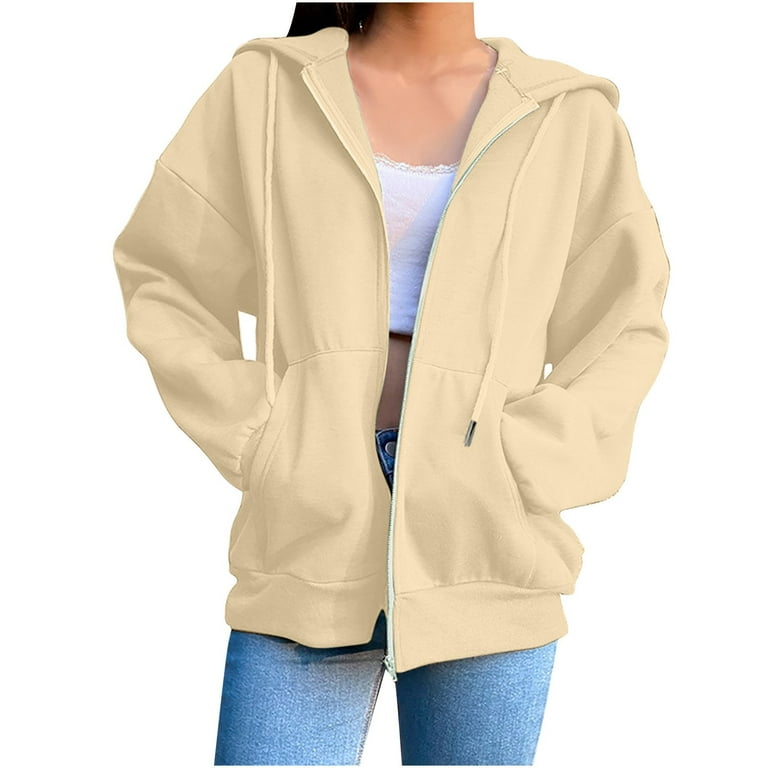 ZHIZAIHU Women Plus Size Baggy Loose Basic Zipper Hooded Sweatshirt Coat Solid Color Long Sleeve Y2K Jacket with Pockets Khaki S