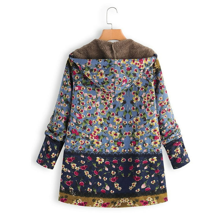 ZHIZAIHU Women Winter Coat Printed Hooded Pockets Warm Floral Button Coat Jacket Blue S Walmart