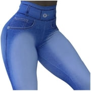 ZHIZAIHU Women Yoga Pants Summer Leggings Pants Straight Slim Leg Jeans Pants Elastic High Waist Long Trousers X-Blue XXL