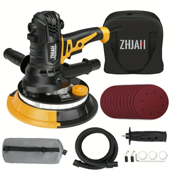 ZHJAN Drywall Sander/Handheld Dry Wall Sanding Machine, with Vacuum Auto Dust Collection, Double-Deck LED Lights Sander, 5 Variable Speed, 12pcs Sanding Discs, Dust Absorption Bag.
