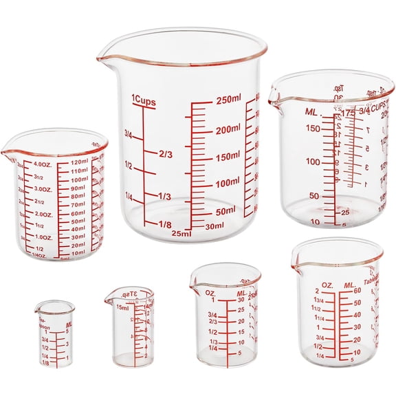 ZHLLL Glass Measuring Cup Set, Beaker Style, 7-Piece | Borosilicate glass with multi-unit scales across seven nesting sizes from 5 to 250 ml for kitchen and drink preparation