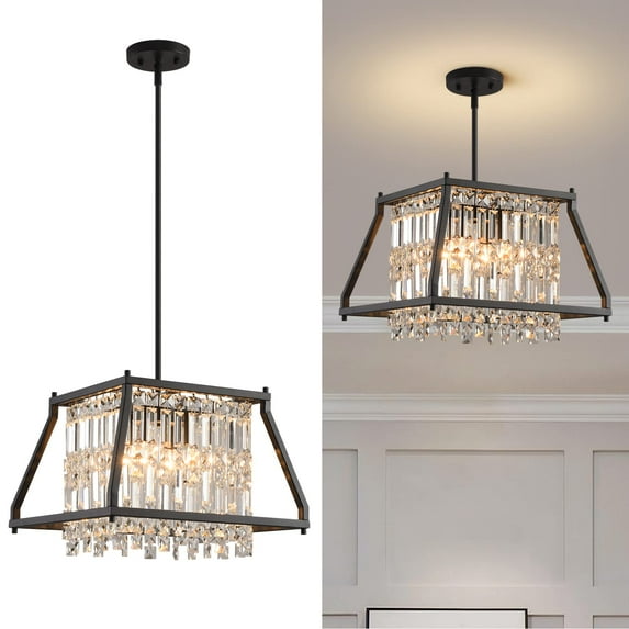 ZHLWIN Dining Room Light Fixture Farmhouse Chandelier Black Metal Crystal Pendant Light for Kitchen Island Dining Room Living Room Flat and Inclined Ceiling (Trapezoid -15.74in)