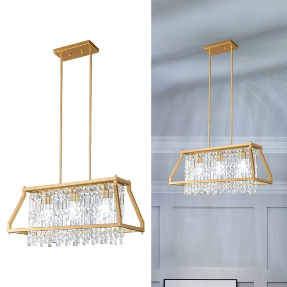 ZHLWIN Dining Room Light Fixture Farmhouse Chandelier Gold Metal Crystal Pendant Light for Kitchen Island Dining Room Living Room Flat and Inclined Ceiling(Rectangular -25.98in)