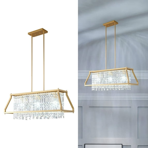 ZHLWIN Dining Room Light Fixture Farmhouse Chandelier Gold Metal Crystal Pendant Light for Kitchen Island Dining Room Living Room Flat and Inclined Ceiling (Rectangular -30.7in)