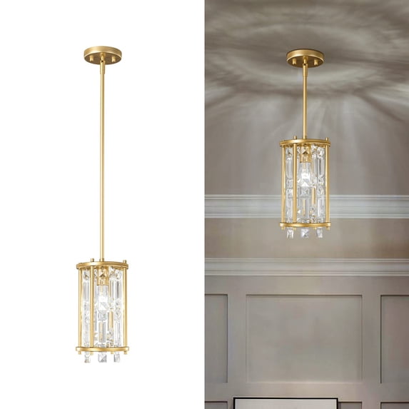 ZHLWIN Gold Metal Crystal Pendant Light, Round Dining Room Light Fixture Semi Flush Mount Ceiling Light Fixture, Lndustrial Farmhouse Chandelier for Hallway Balcony Kitchen Island
