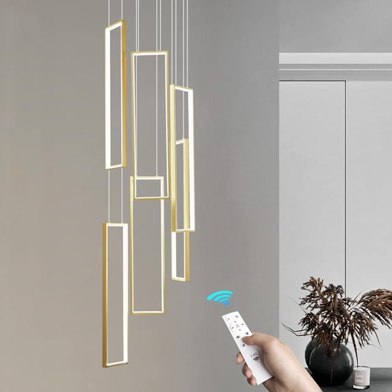 ZHLWIN Modern Kitchen Island Dimmable Pendant Light Fixture, Gold 114W LED Pendant Lights 6 Ring Rectangular Chandelier Staircase Large Chandelier Lobby Living Room Foyer High Ceiling Chandeliers