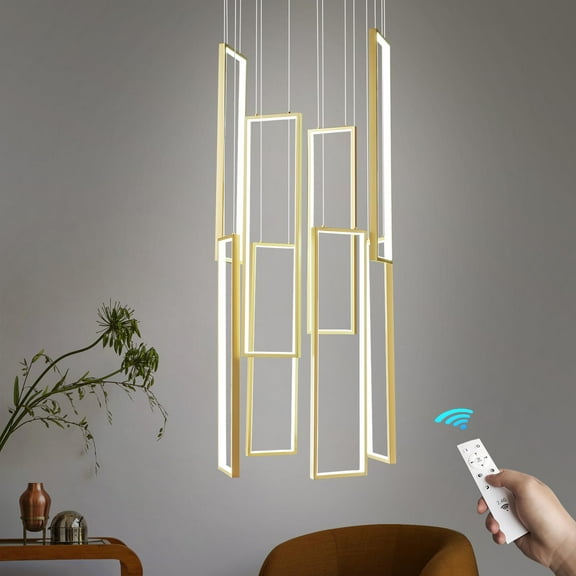 ZHLWIN Modern Kitchen Island Dimmable Pendant Light Fixture, Gold 152W LED Pendant Lights 8 Ring Rectangular Chandelier Staircase Large Chandelier Lobby Living Room Foyer High Ceiling Chandeliers