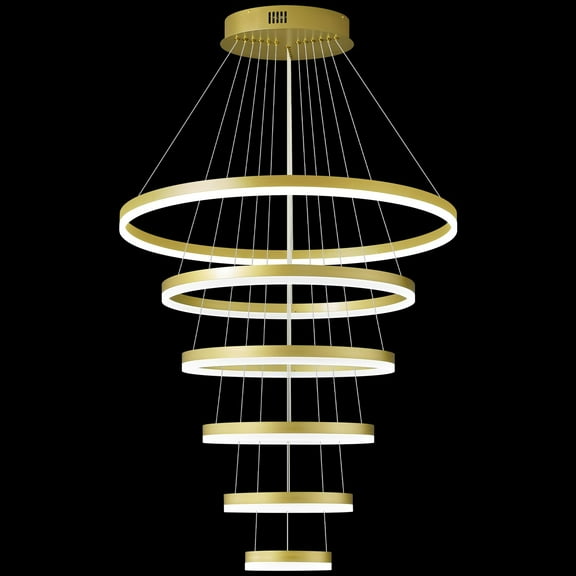 ZHLWIN Modern LED Chandelier Lighting, 6 Rings Gold Chandelier Contemporary Ceiling Pendant Light Fixture for Staircase Foyer High Ceiling Living Room 6000K Cool White