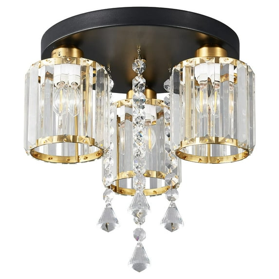 ZHLWIN Semi Flush Mount Ceiling Light, 3-Light Close to Ceiling Light Fixtures Black Gold Crystal Modern Light Fixture for Kitchen Entryway Bedroom Bathroom Foyer Flush Mount Ceiling Light